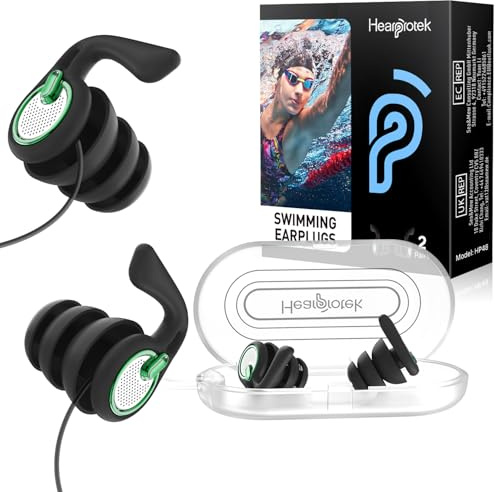 Swimming Ear Plugs for Adults, Reusable Silicone Earplugs with Filter, Secure Fit with Retention Cord, Water Protection for Swimming, Surfing & Showering, 2 Pairs (Black)