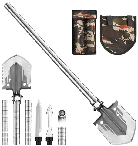 Pala plegable de camping, pala de supervivencia estilo multiherramienta con brújula, pala portátil de acero inoxidable para senderismo, camping, jardinería, emergencia (B)