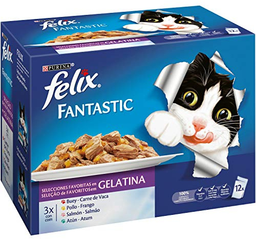 Felix Purina Fantastic Comida Húmeda para Gato Adulto Selecciones favoritas, 12 Sobres de 85g