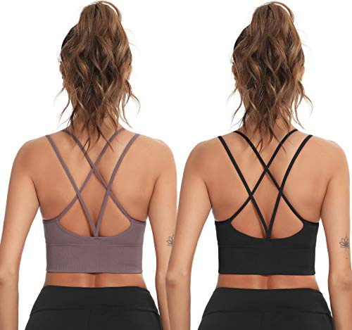 Enjoyoself dam sportbehå utan bygel push up vadderad chic bysthållare med remmar på baksidan, lätt behå topp för yoga träning, 2-svart + lila, S