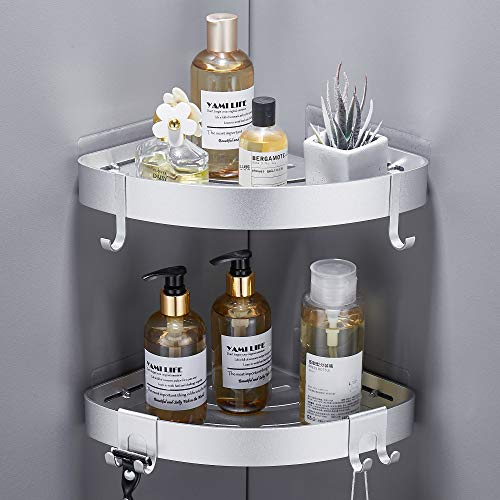 GERUIKE Duschablage Ohne Bohren Duschkorb Duschregal Ecke Wandmontage Klebepad Silber Aluminium 2 Stück Duschgel Shampoo Halterung Eckablage Eckregal für Dusche Bad Küche