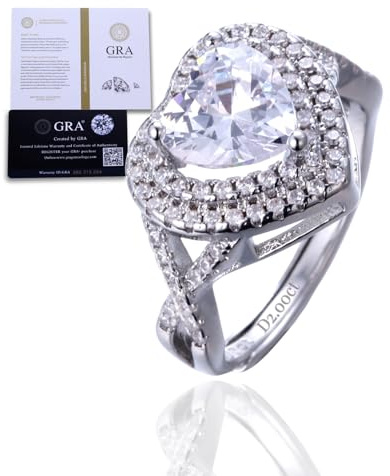 Halukakah D Color 2.0 ct Damen-Moissanitring Herz,2 Karat Laborgewachsender Diamant mit Zertifikat,Plattiertes Sterlingsilber,Verstellbare Größe,für Ehefrau,Freundin,Geburtstag,Jubiläum,Hochzeit