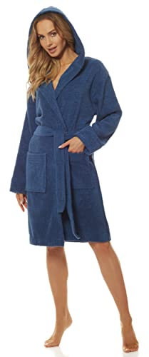 L&L- 2101 Damen Bademantel Frottee Hausmantel Bademantel für Damen Damenbademantel Kurz mit Kapuze aus 100% Baumwolle (Navy,Medium)