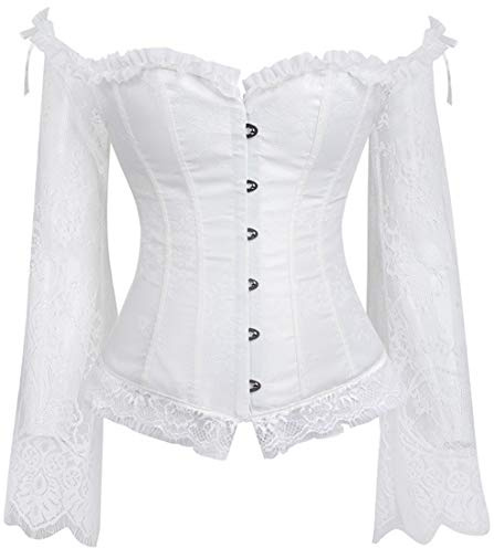 PANOZON Donna Elegante Underbust Corsetto Spalla Pizzo Manica Lunga Body Shapewear Halloween Christmas (Medium, A bianco-16)