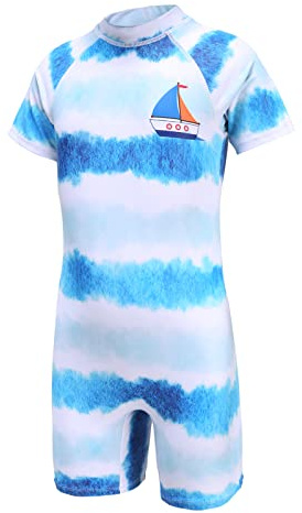 Aisyee Maillot de Bain 1 pièce à Manches Courtes pour garçon - Rashguard - pour Enfants de 3 à 14 Ans, Sea Wave, 5-6 Ans