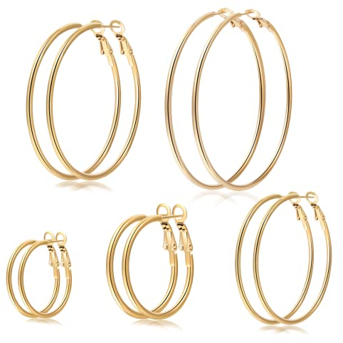 Senteria Groß Creolen Gold für Damen Mädchen 5 Paare Edelstahl Ohrringe Damen Set Dünne Ohrringe Gold Creolen Leicht (30MM 40MM 50MM 60MM 70MM)