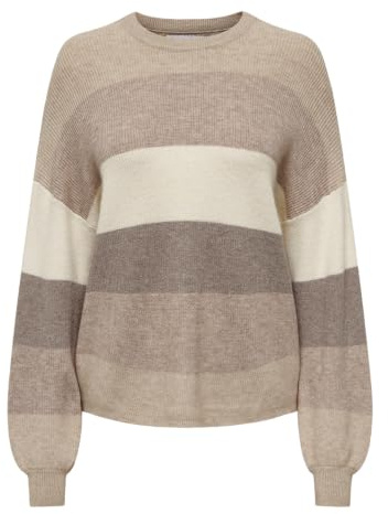 Only Onlatia-Jersey de Rayas L/S Suéter Mujer, Feather Gray/Stripes:w. Beige/Whitecap Gray/Leafless Tree, M