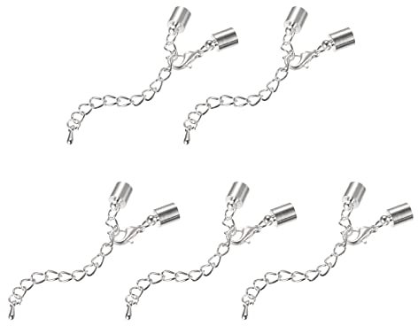 sourcing map 10 Satz 6mm Leder Kordel Endkappen mit Karabinerverschlüssen und Verlängerungskette für DIY Herstellung Armbänder Rhodium Ton