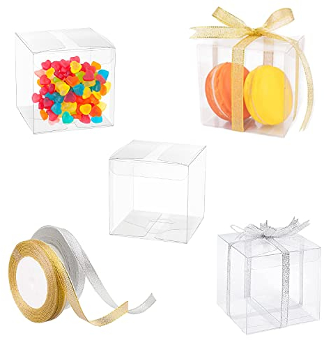 SJUNJIE 50 Stück 7 x 7 cm Klare Hochzeitsgeschenkbox, Klare Geschenkbox PVC Hochzeitsgeschenkbox und 2 Rollen Band für die Schmuckaufbewahrung, Geschenkbox für Süßigkeiten