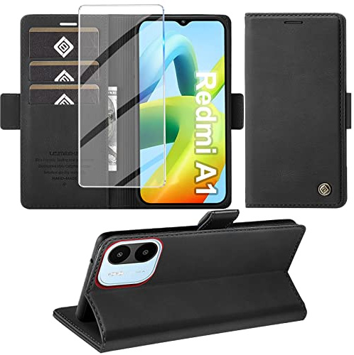 Giyer Handyhülle für Xiaomi Redmi A1/A2 Hülle mit Displayschutzfolie, Schutzhülle für Redmi A2 PU Leder Wallet Flip Case Standfunktion Kartenfach Klapphülle Lederhülle für Xiaomi A2 Cover (Schwarz)