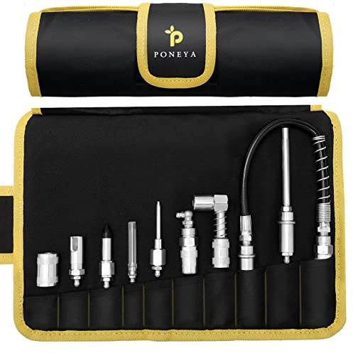 PONEYA Fettpressenkupplungen, 9-teiliges Schnellverbindungs-Fettzubehör-Set mit Fettpressenspitzen,12 Schlauch Fettpresse Kupplung und Aufrolltasche, Ideal für Alle Arten von Fettpressen