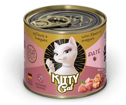 Kitty Cat Paté Pavo & Camarones 6 x 200 g Comida húmeda para Gatos sin Cereales con taurina, Aceite de salmón y mejillón de Labios Verdes, pienso Completo con Alto Porcentaje de Carne, Fabricado en