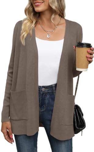 Yommay - Strickjacke da donna, elegante, leggera, a maniche lunghe, autunnale, con tasche, marrone, XXL