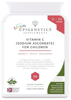 Vitamin C (Sodium Ascorbate) for Children | 200mg Buffered Vitamin C | Kids Sugar Free 90 Vegan Friendly Capsules UK Made | Long 3 Months Supply by Epigenetics Supplements