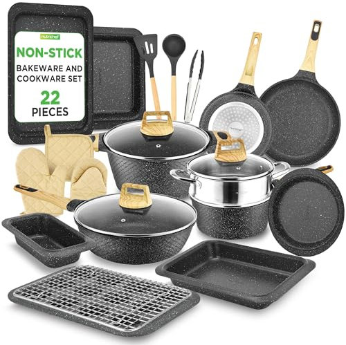 NutriChef Set 22 Pezzi in Marmo Nero Antiaderente con Pentole, Padelle, Teglie da Forno e Utensili Resistenti al Calore, per Cucina Professionale da Casa