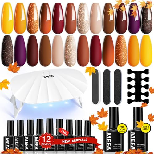 MEFA Kit Ongle Gel UV Complet 6 W Lampe, 19PCS Kit Vernis Semi Permanent Jaune Orange Marron Pailleté Nude Violet 12 Couleurs Vernis Gel avec Base et Top Coat, Manucure Outils Accessoires Kit Cadeau