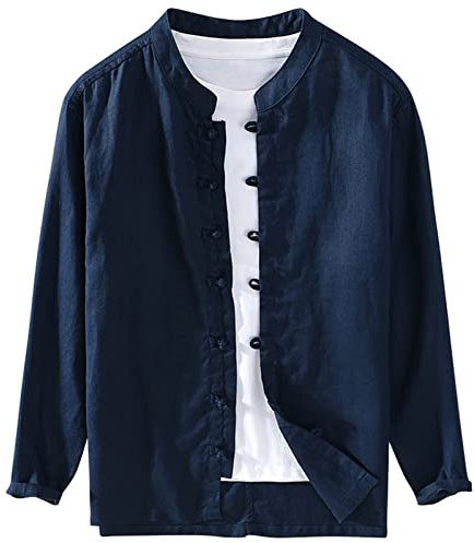 UEAUY Stand Up Collar Shirt Long Sleeve Casual Button Down Shirt Royal Blue Medium