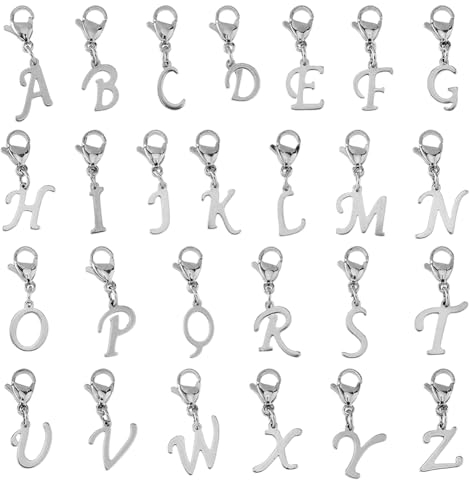 SUPERFINDINGS 52 Stück Anfangsbuchstabe A-Z Alphabet Anhänger Gemischte Alphabet Anhängers Mit Karabinerverschlüssen Großbuchstaben Edelstahl Anhänger Für DIY Herstellung