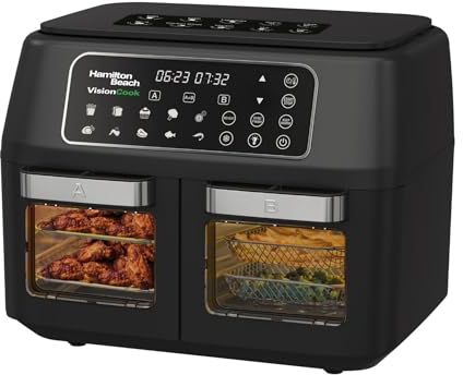 Hamilton Beach Air Fryer, 11L, Dual, VisionCook, 2400W, Vision Window, 10 One-Touch Presets, Vortex Technology, Dual Zones, Match Cook, Smart Finish, Dishwasher Safe, Black - HB2116A