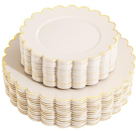 LIYH 60 Pcs Ivory and Gold Scalloped Plastic Plates - Disposable Fancy Combo Plates Includes 30 Dinner Plate 10.25 and 30 Dessert Plate 7.5 Plastic Heavy Weight Party Tableware Dishes
