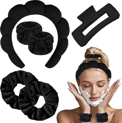 Fasce Spa per le donne, 1 fascia per il trucco e 2 fasce per il lavaggio del polso, 2 elastici per capelli e 1 set di clip per lavaggio del viso, cura della pelle, doccia, rimozione del trucco(Nero)