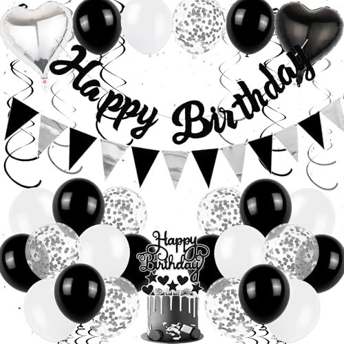 Deko Geburtstag Mann Schwarz Silber - Happy Birthday Girlande Tortendeko Luftballons und Hängende Wirbel, Glitzer Geburtstagsdeko Banner Herz Folienballon Cupcake Toppers für Junge