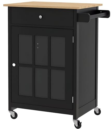 HOMCOM Carrello da Cucina con Cassetto, Ripiano Regolabile, 4 Ruote e Portasciugamani Laterale, Carrello Cucina con Piano in Legno di Gomma, per Soggiorno e Cucina, 67x48x86.5 cm, Nero e Rovere