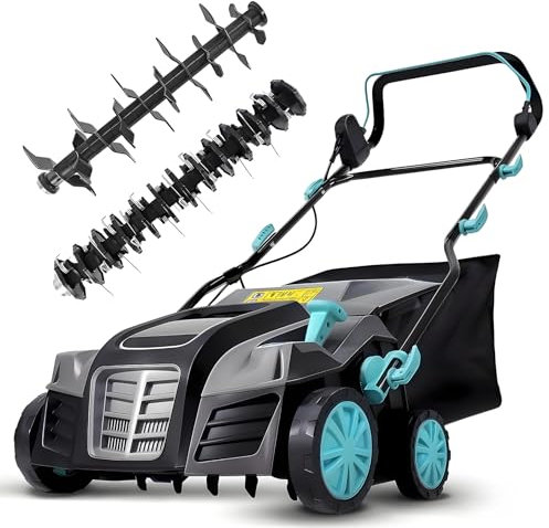 XSSIVE Escarificador y aireador de césped, rastrillo eléctrico de 15 A con ancho de trabajo de 40 cm, 5 posiciones, caja de césped de 14,5 galones, mango plegable