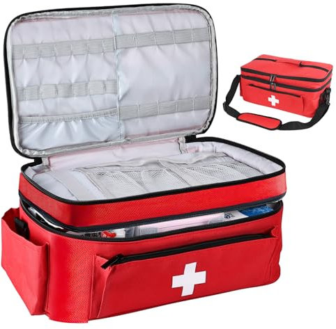 JABNOW Erste Hilfe Tasche Leer, Groß Notfalltasche für Krankenschwester, Häusliche Pflege Medikamenten Tasche, Arzttasche Hausapotheke Tragen und Schultern (Rot)