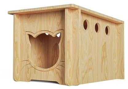 Pinewood Cat House, Wooden Bunny Rabbit Cat Hutch Outdoor Pet Cage Shelter Feral Cat House, Small Pet House and Habitats，Easy to Assemble