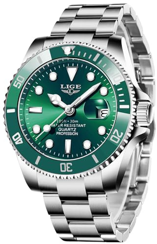 LIGE Uhren Herren Grüner, Herrenuhr Analoger Quarz Edelstähle, 3ATM Wasserdicht（30M）, Kalenderfunktion Leuchtzeiger, Schöne Geschenke, Business Outdoor Erholung