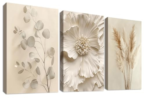 3Pcs Beige Blume Pampasgras Leinwand Bilder Set Mit Rahmen Creme Eukalyptus Blatt Bilder auf Leinwandbilder Minimalistisch Floral Wandbilder Wohnzimmer Schlafzimmer Badezimmer Wanddeko 30x40cm x3pcs