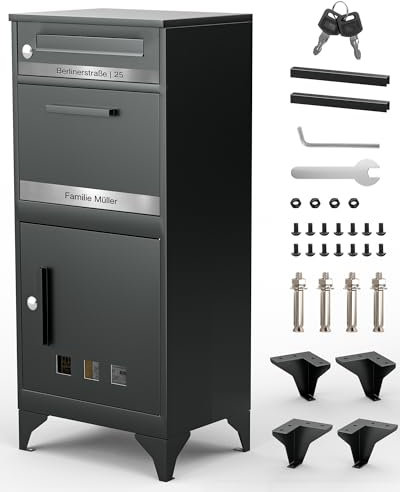 Arverta Briefkasten und Paketbox, Paketbox Draussen Groß XXL, Standbriefkasten Modern, Paketbriefkasten, Postbox Anthrazitgrau Mit Namensgravur, Briefkästen Postkasten Edelstahl