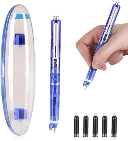 Retractable Fountain Pen, 0.38mm Fountain Pen for Writing, Blue Ink Fountain Pens Medium Nib Transparent Barrel For Calligraphy, Includes 5 Refillable Ink Cartridges, For Smooth Writing No Leaking