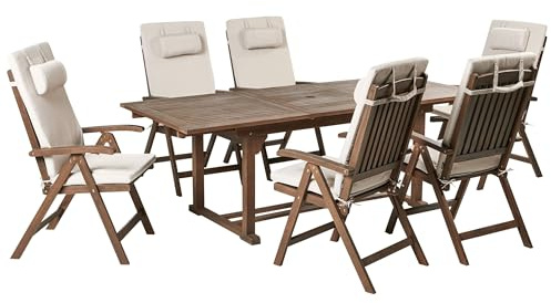 Matgrupp Trädgård Rustik 6-sits Akaciaträ Förlängningsbord Ställbara Stolar Ljusbeige Dynor Amantea Premium