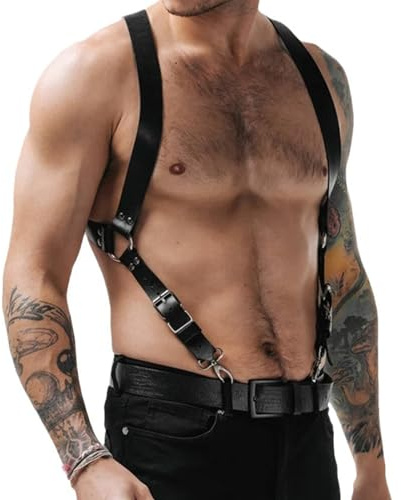 Gissroys Bretelles robustes en forme de X pour homme, clips solides et sangles en cuir, chemise unie, pantalon, bretelles en cuir pour homme, Noir , taille unique