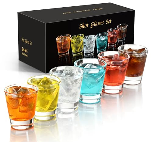 FrutPunch 6 Piece Thick Base Shot Glasses Set, 1.7 OZ Clear Shot Glasses Bulk, Small Whiskey Shot Glass for Bars, Suitable for Vodka, Whiskey, Tequila and More