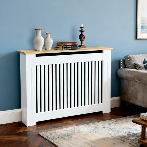 FATIVO Cubre Radiadores Alta MDF Blanca Moderna: 112x20x92.5cm (Vertical) | Cubre Radiador de MDF con Estante Superior de Madera, Cubreradiador Reforzada y Duradera para el Hogar u Oficina(Vertical)