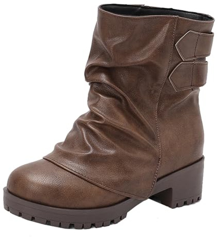XINXINIO Bottines pour femme | Bottines avec boucle de ceinture et talon bloc pour l'hiver, talon de 4,5 cm et hauteur de tige 16 cm, marron foncé, 39 EU