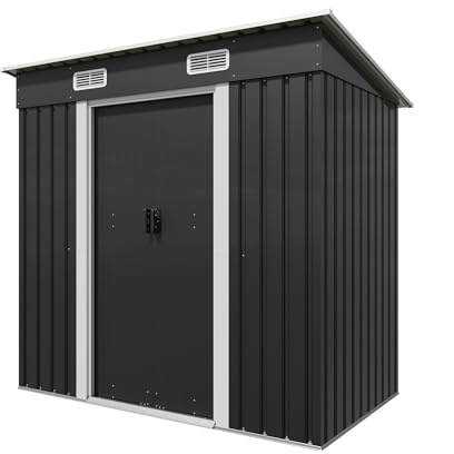 TRIUMPHKEY Abri de jardin en métal 183x109x182cm avec fondation 3,6m³ Abri de jardin avec toit en appentis et 2 portes coulissantes, Anthracite, Garage à vélos, Résistant aux intempéries pour outils