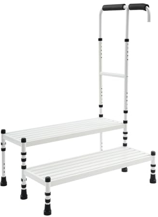 Sgabello con maniglia, 2 gradini, con maniglia, per anziani e disabili, per comodino, cucina, vasca da bagno, letto, auto