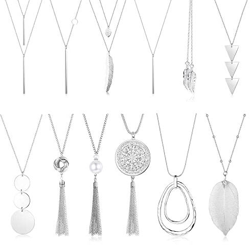 JeweBella 12 Stück Lange Kette Halskette für Damen Silber/Gold Boho Quaste Blatt Y-Form Halskette Pullover Kette Modeschmuck Lange Anhänger Halskette Set Damen Schmuck Geschenk