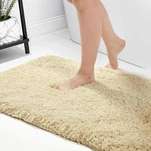 Deconovo Badvorleger rutschfest waschbare Badematte Shaggy Badezimmer Teppich Badematten & Badteppiche saugstark Duschvorleger Flauschige Mikrofaser Badteppich, 40x60 cm, Beige, 1 Stück