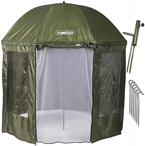 NECO Ø250 cm Fishing Schirmzelt Angel-Zelt, Angelschirm für 3 Personen, 3 Fenster, Moskitonetz, Schirmständer, Heringe, 220D Material