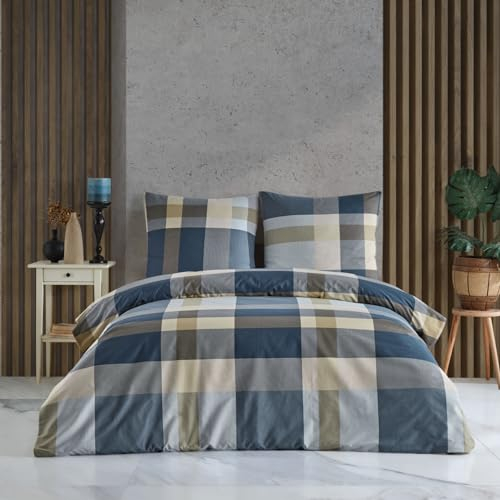 Home Sense Bettwäsche Bettgarnitur Set Baumwolle mit Reißverschluss, atmungsaktiv, weich, Luxuriös Bettdeckenbezug Bettwäsche 200x200 cm + 2 Stück 80x80 cm Kissenbezug mit Oeko-TEX, Caro Blau