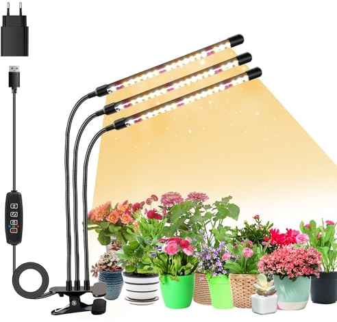 3 teste di luce per piante, Lampada per Piante LEDs, Lampada Piante Coltivazione, Luce di crescita a spettro completo, Lampada di Crescita con Timer Auto on/off 3/9/12H per Frutta Verdure Fiore