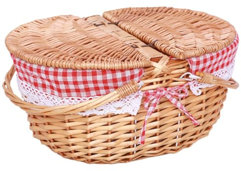 Hamper de Pique-Nique en Osier avec Poignées Pliantes Doubles et Couvercles - Panier Rustique Tissé pour Collations, Rouge