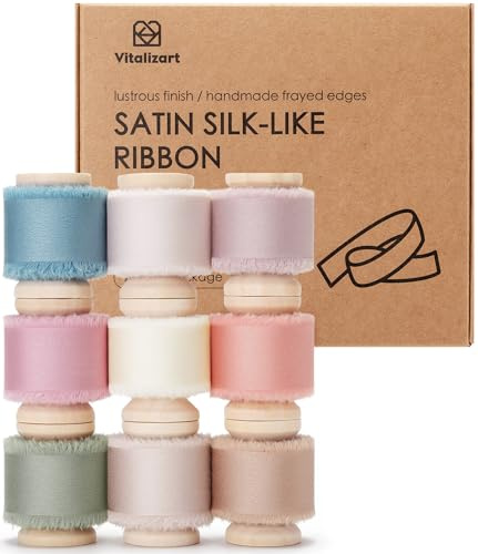 Vitalizart Cinta de Raso con Flecos 9 Colores 2,5 cm x 41,1 m Carrete de Madera, Cinta de Tela Deshilachada Hecha a Mano para Envolver Regalos Fiesta del Bebé Ramos de Novia Fiestas Adornos