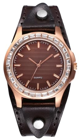 OIDEA Montre pour femme en cuir : cadran marron minimaliste analogique à quartz steampunk diamant strass cadeau pour petite amie, sœur, mère, famille, bracelet