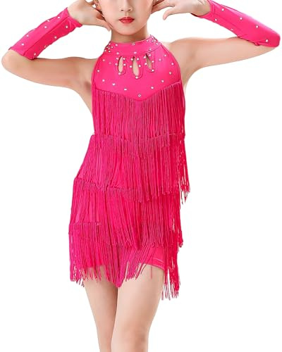FEOYA Pantaloncini da Ballo Latino per Bambine con Nappe Vestito Senza Maniche con Paillettes Lucide Abbigliamento da Ballo Salsa Rumba Samba Jazz Moderno con Guanti per 3-14 Anni, Rosso rosato, 5-6